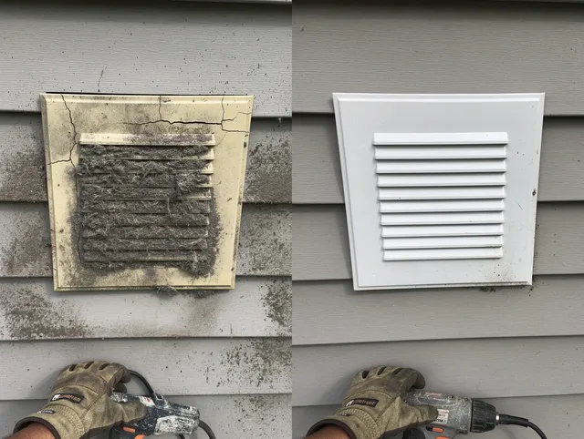 Seekonk Dryer Vent Cleaning technician installing high-quality dryer vent cover at a residential property in Seekonk